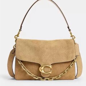 Coach Beige Suede Shoulder Bag with Gold Chain
